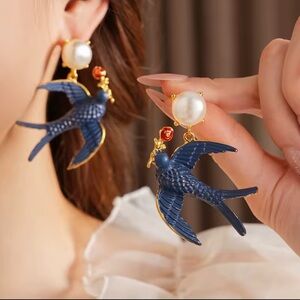 Blue Bird Earrings with Pearl Accent